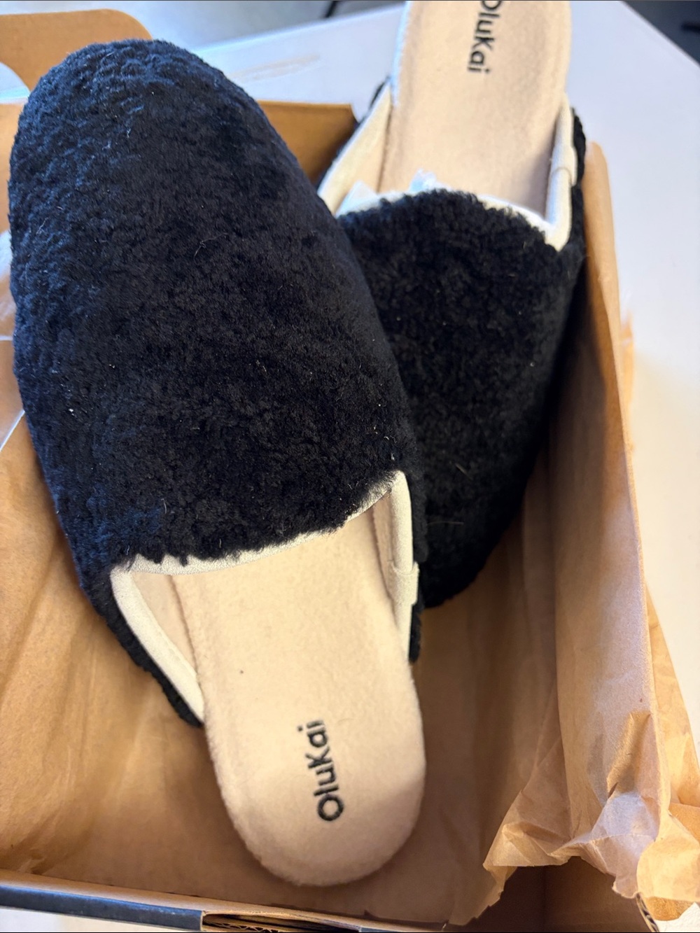 OluKai Women's Black Fleece Slip-On Mules